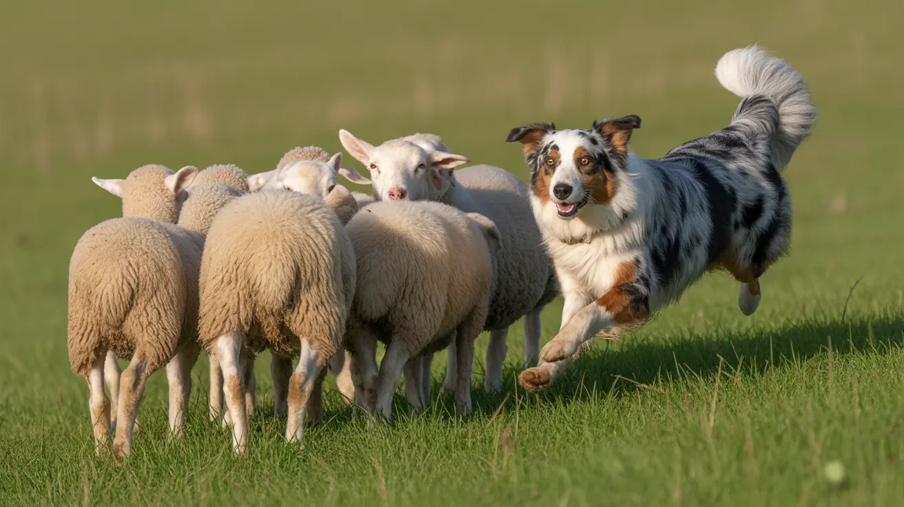 An Australian Shepherd herding a group of sheep in a grassy field