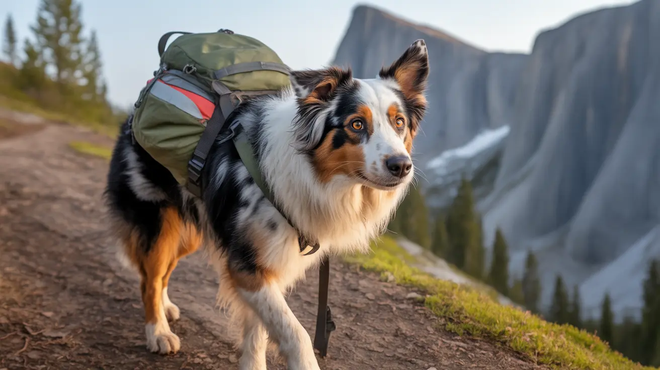 Australian Shepherd wearing a hiking backpack standing on a mountain trail with rocky peaks