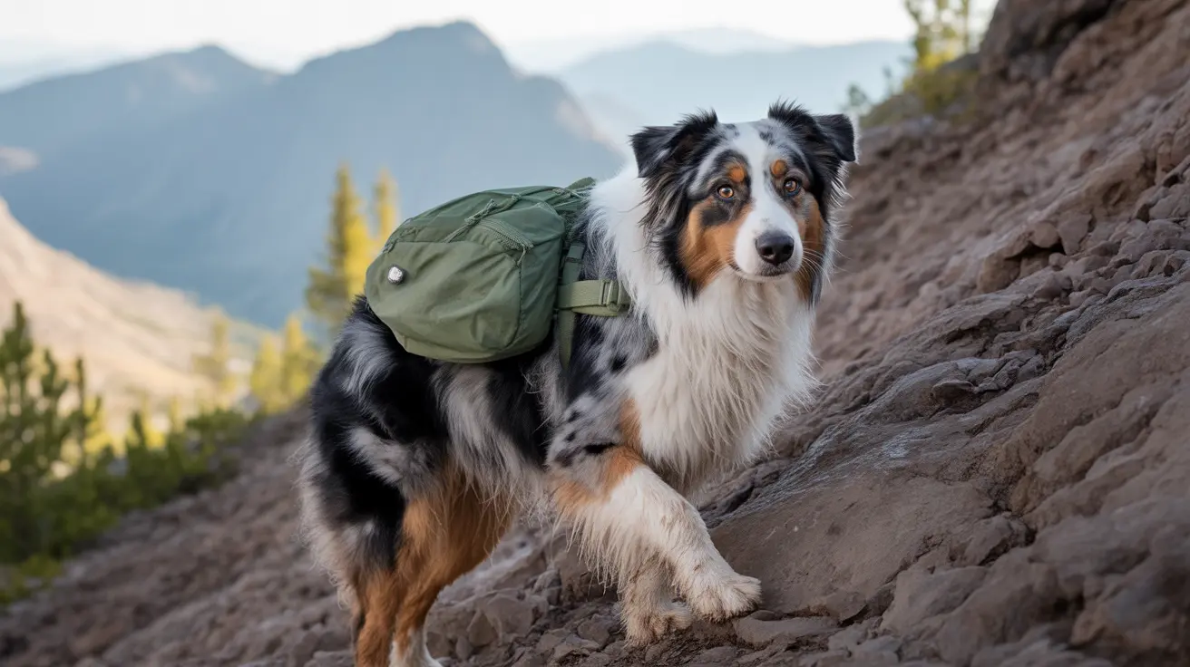 Australian Shepherd wearing green hiking backpack on rocky trail with mountains behind