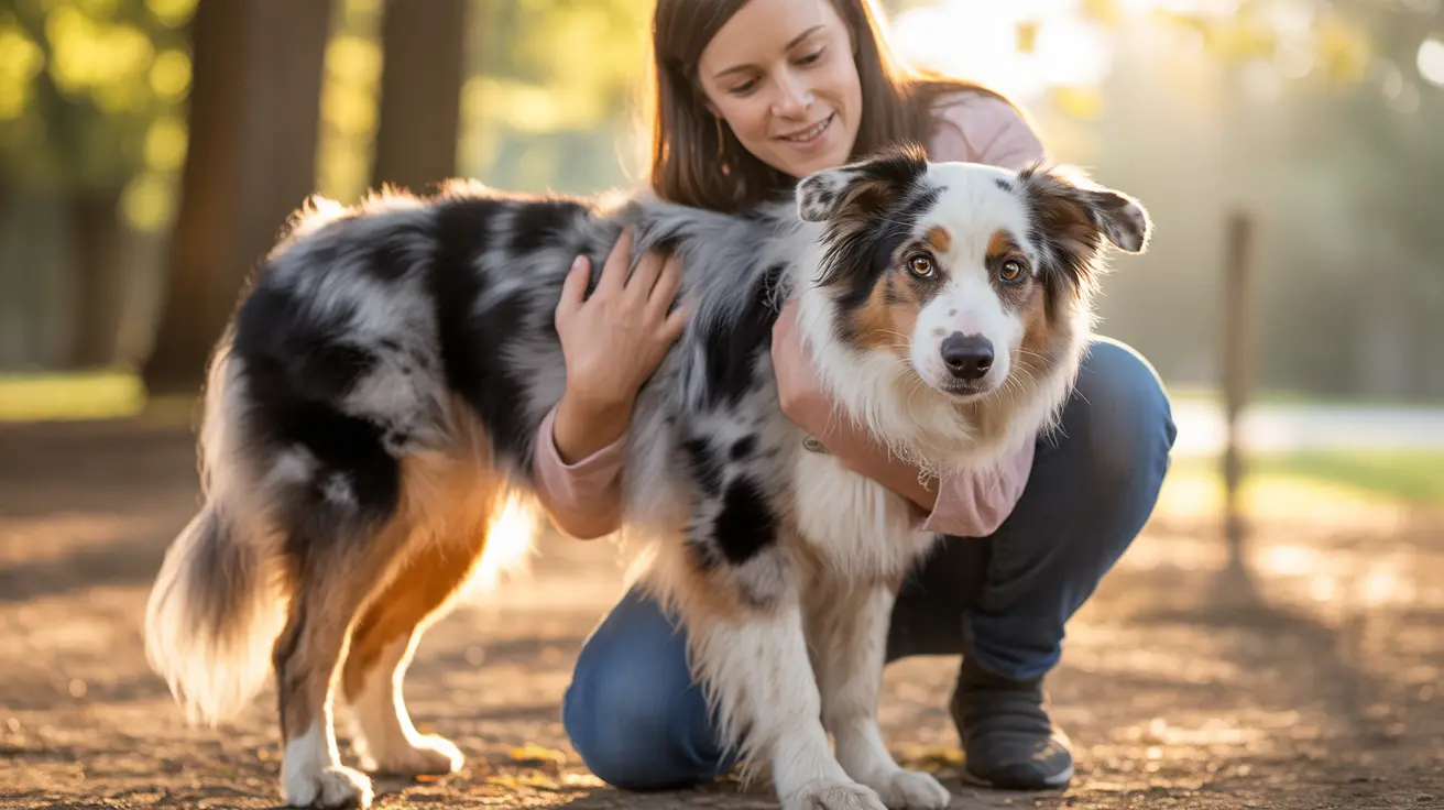 日差しの差し込む森や公園で、人のそばに座っているオーストラリアン・シェパードの犬。