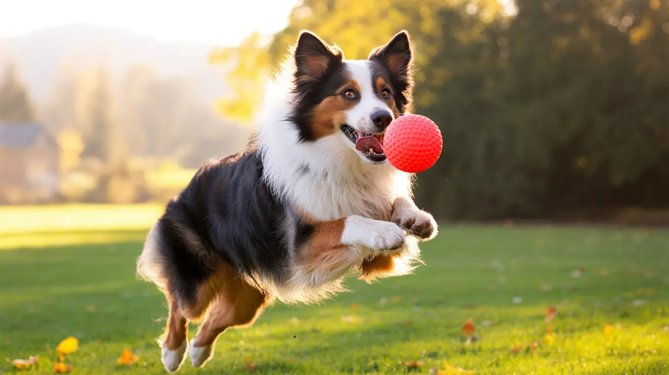 Australian Shepherd jumping to catch a red ball in a sunny park