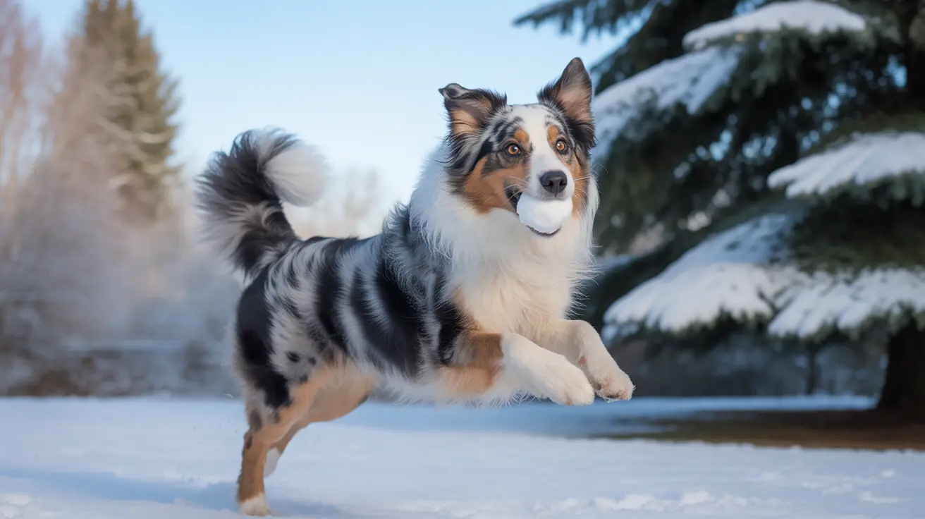 Australian Shepherd leaping actively in a snowy winter landscape with snow-covered evergreen trees