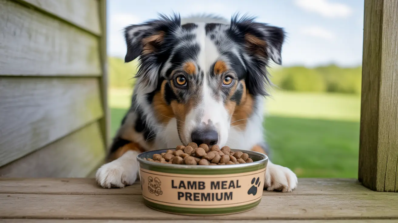 An Australian Shepherd sitting near a food bowl filled with lamb meal kibble, looking directly at the camera