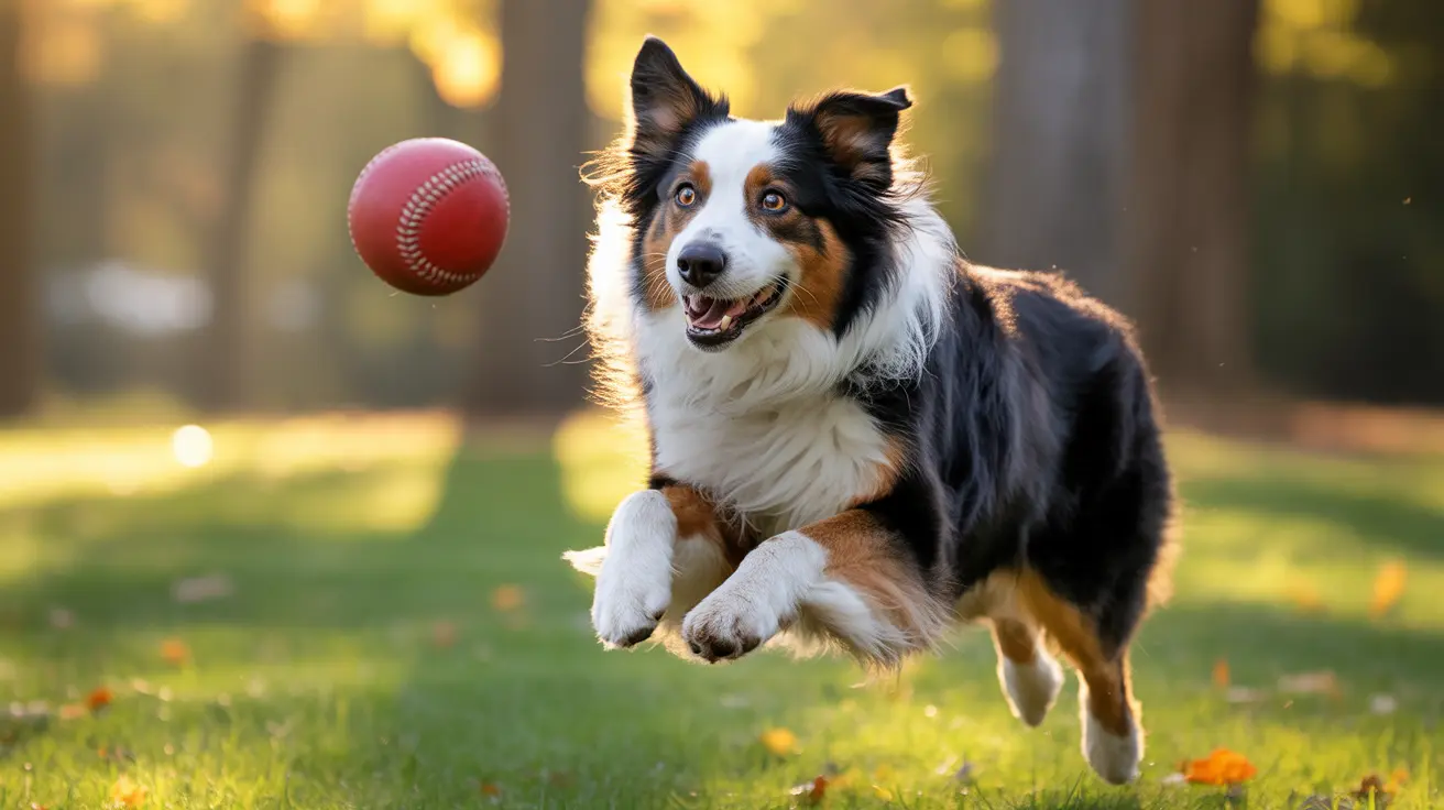 Australian Shepherd leaping mid-air chasing a red baseball in a sunlit park
