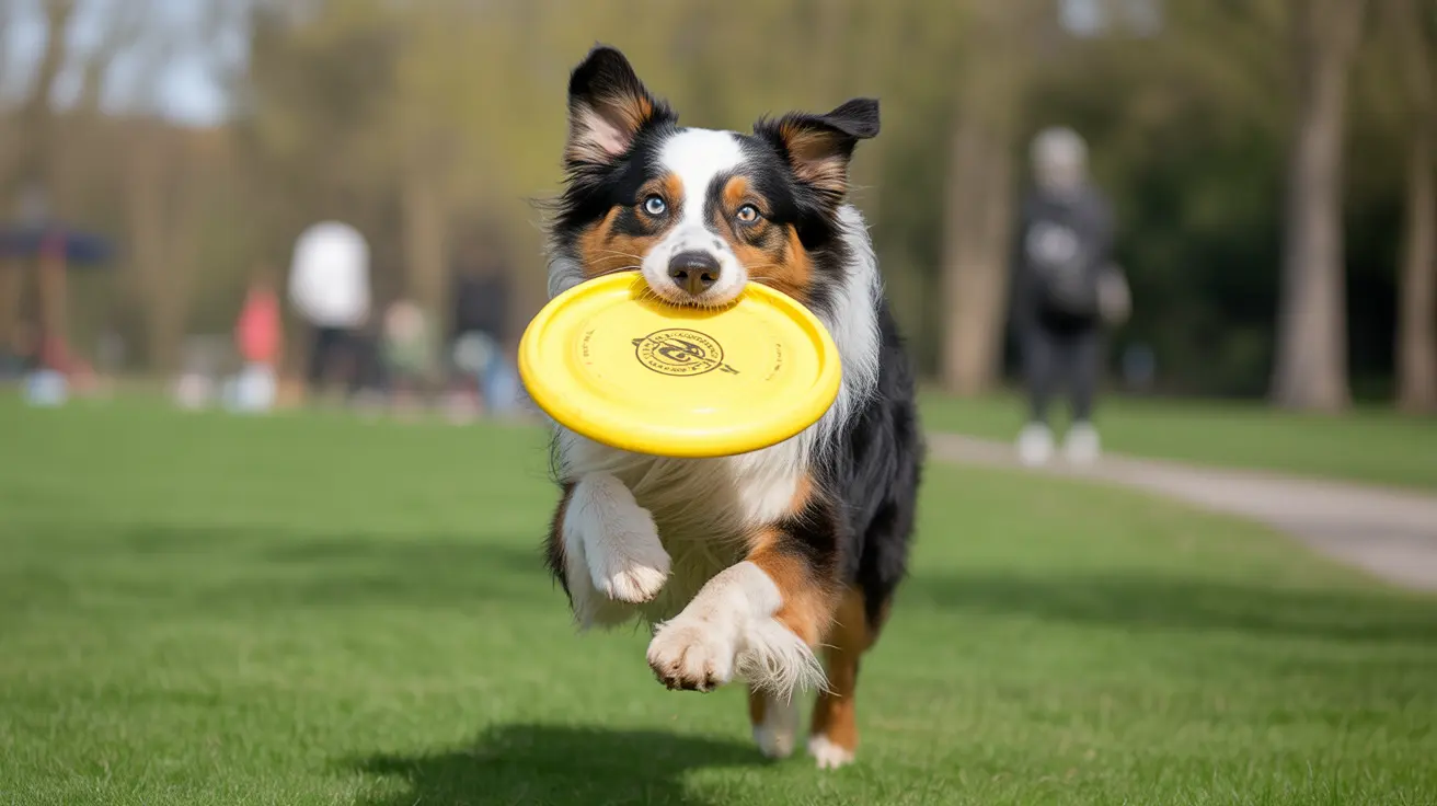 Australian Shepherd mid-leap carrying a bright yellow frisbee in its mouth