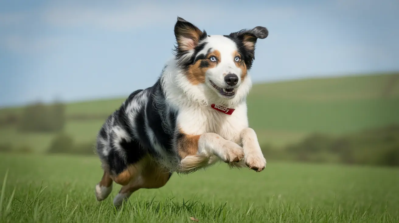 An Australian Shepherd mid-leap running energetically through a grassy field