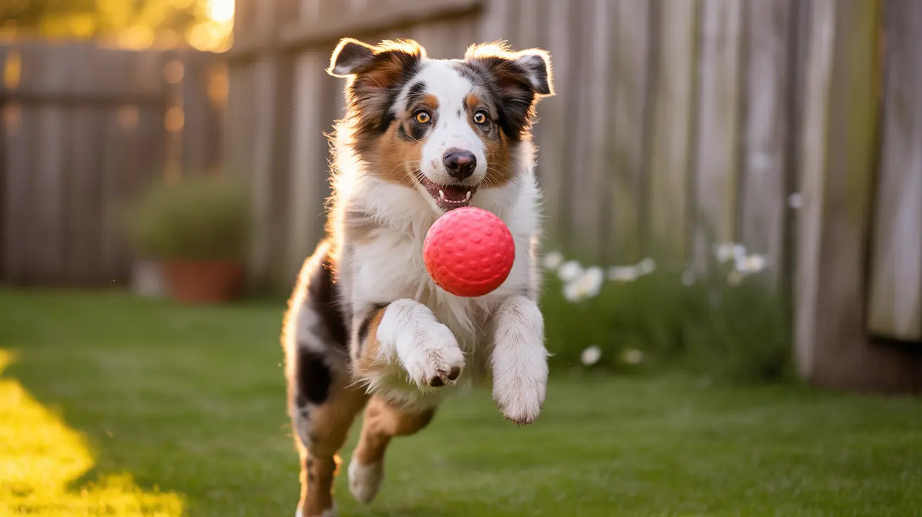 Australian Shepherd mid-leap holding a bright red ball in its mouth running in a backyard