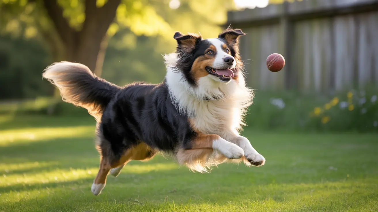 An Australian Shepherd dog leaping mid-air to catch a ball in a sunny backyard