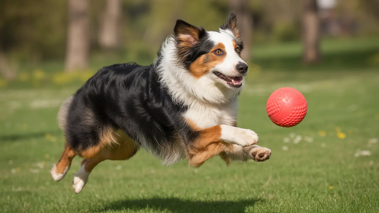 Australian Shepherd leaping in grassy park to catch red ball