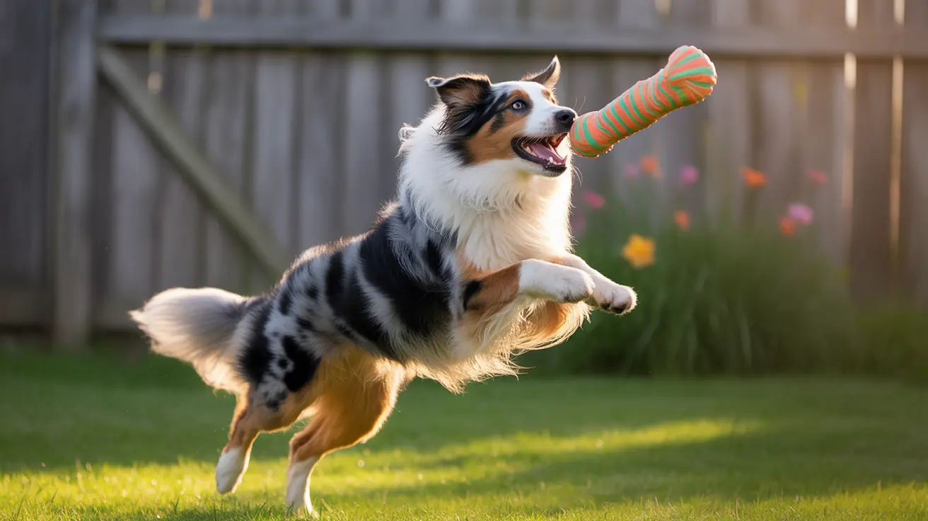 Australian Shepherd jumping to catch a colorful striped toy in a sunny backyard