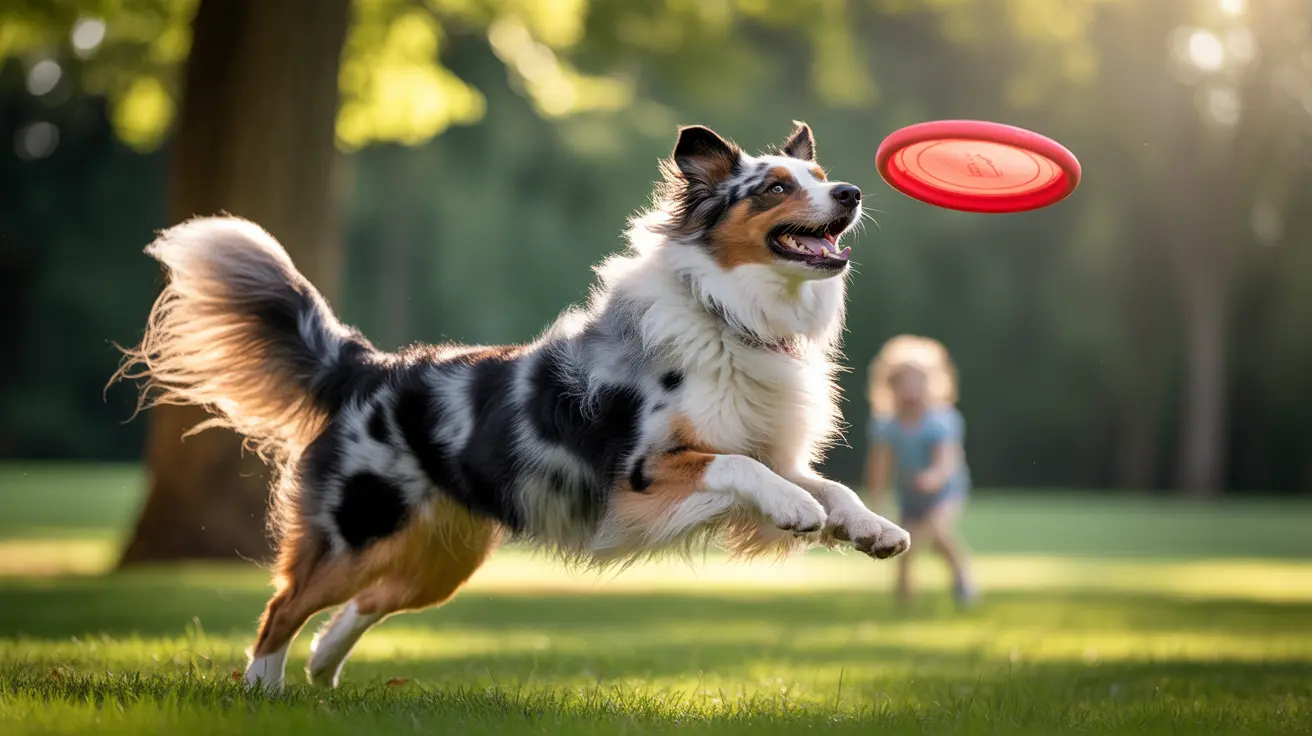 An Australian Shepherd leaping mid-air to catch a red flying disc in a sunlit park setting