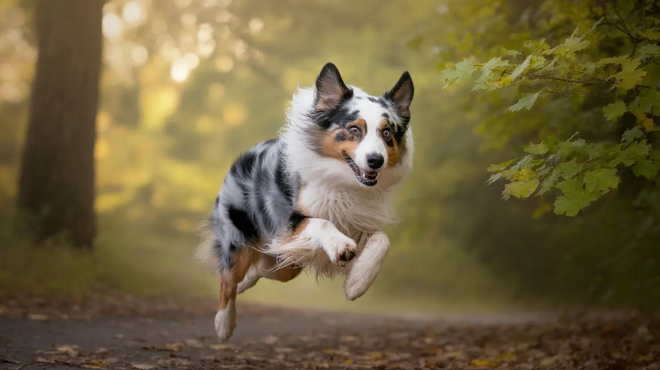 Australian Shepherd leaping energetically on a forest path during golden hour