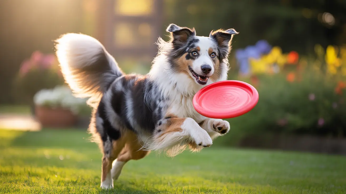 Australian Shepherd jumping to catch a red frisbee in a sunny park