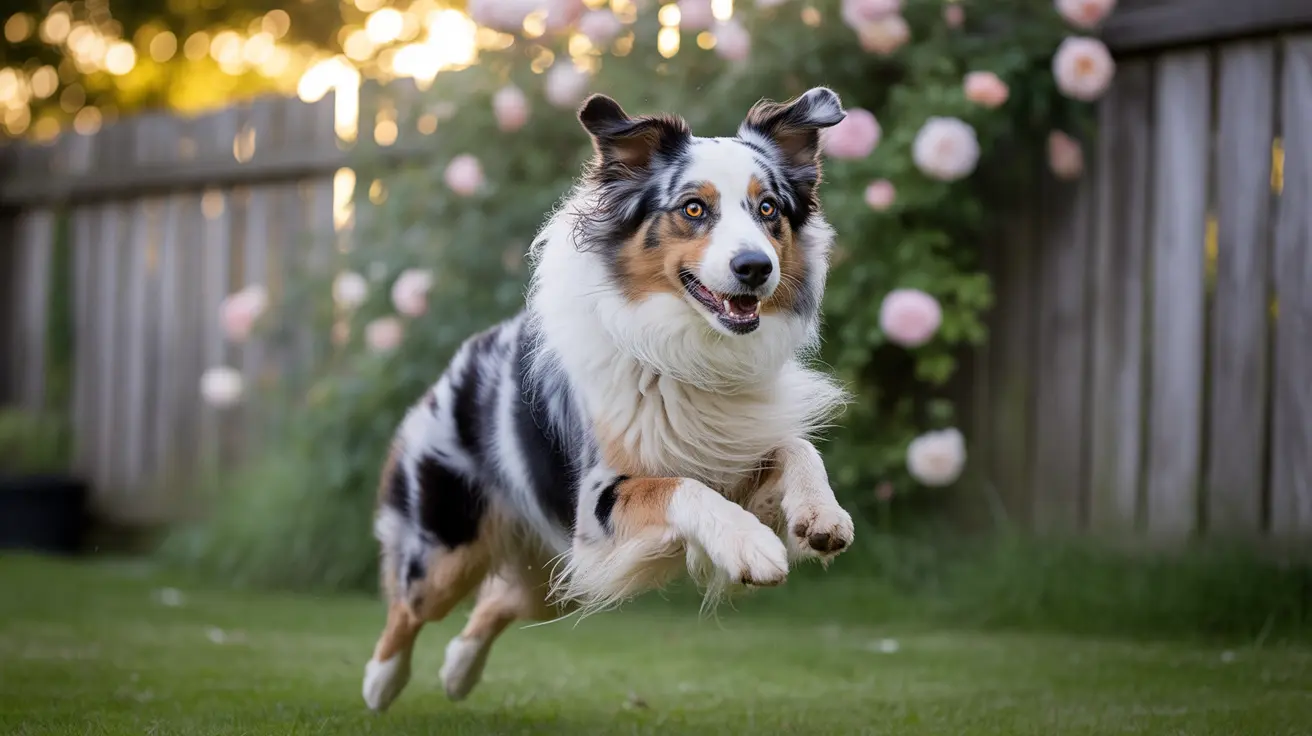 Australian Shepherd leaping mid-air joyfully in a backyard garden
