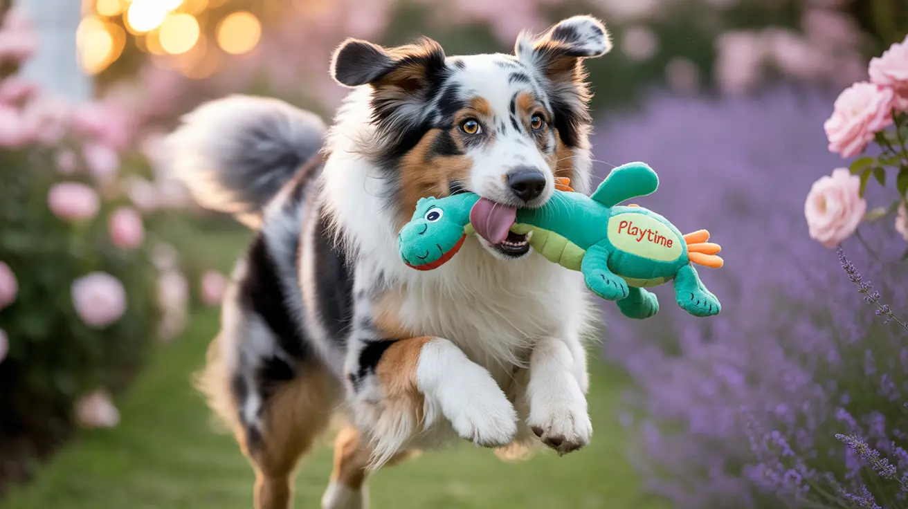 An Australian Shepherd mid-leap, carrying a green plush toy in a garden with pink roses and lavender plants.