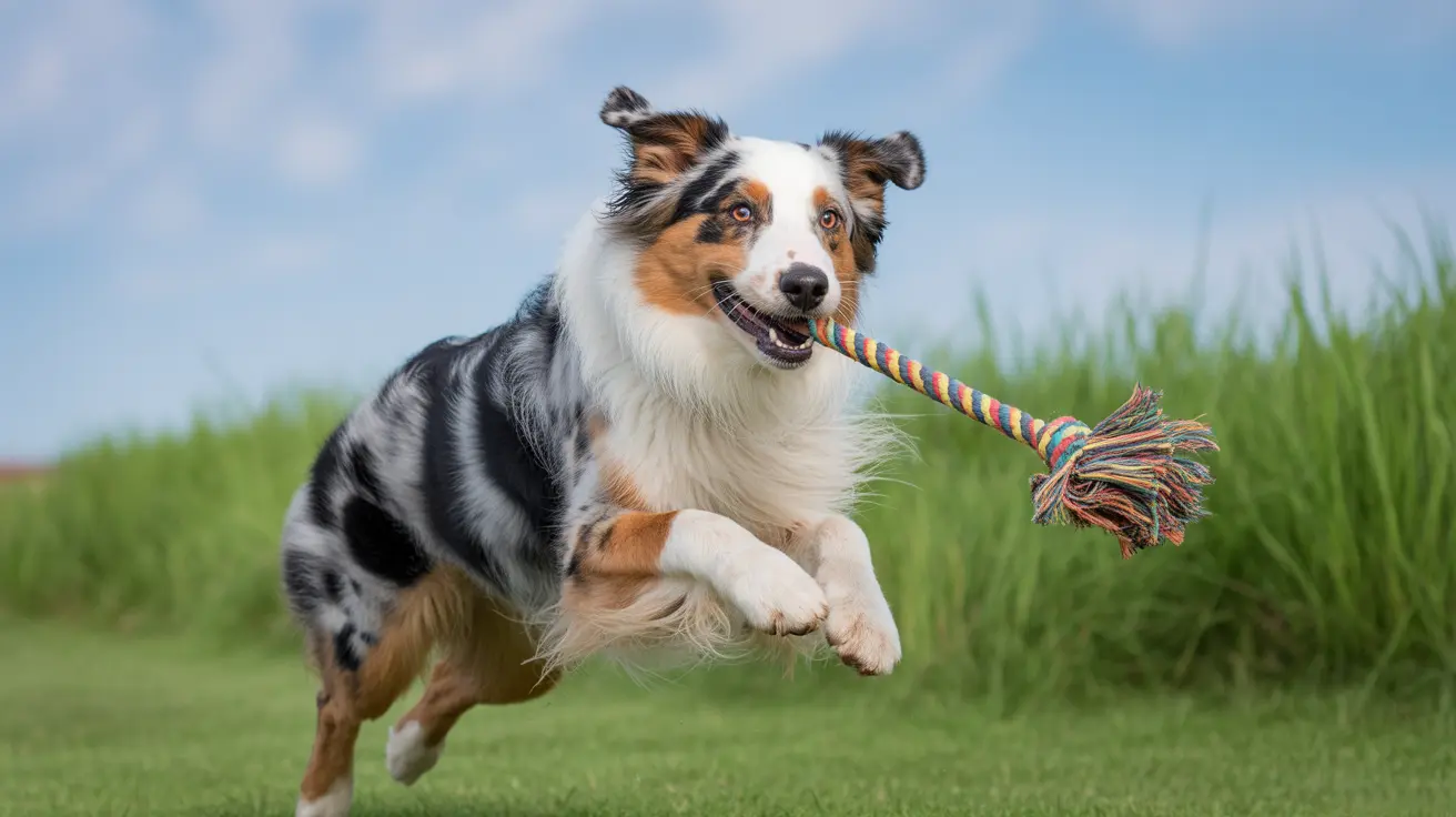 Australian Shepherd jumping mid-air with colorful rope toy in mouth