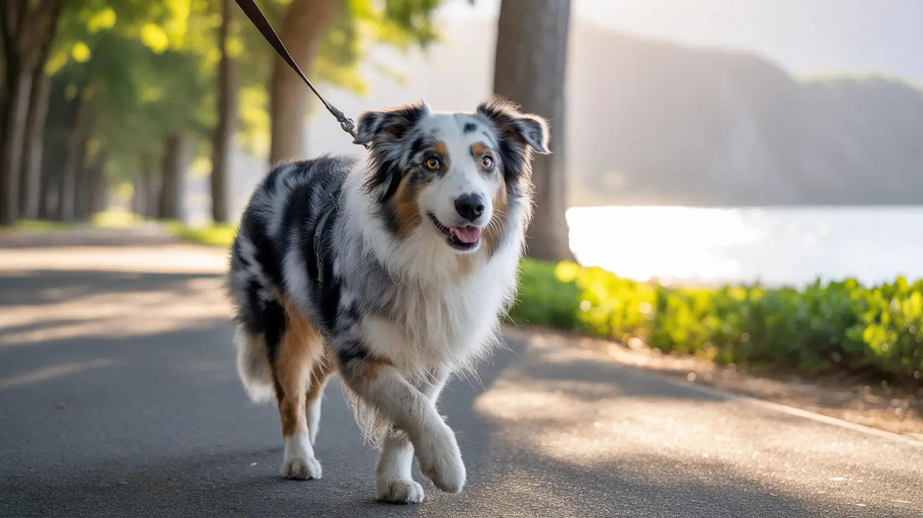 An Australian Shepherd walking on a leash, happy and alert
