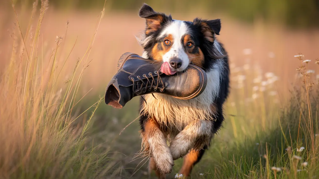 Australian Shepherd running through a field carrying a leather boot in its mouth