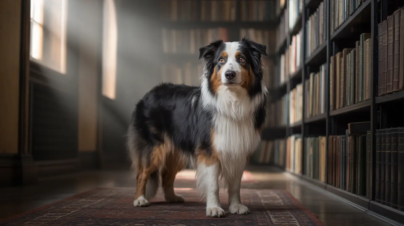 An Australian Shepherd standing alertly in a classic library or study with bookshelves in the background.