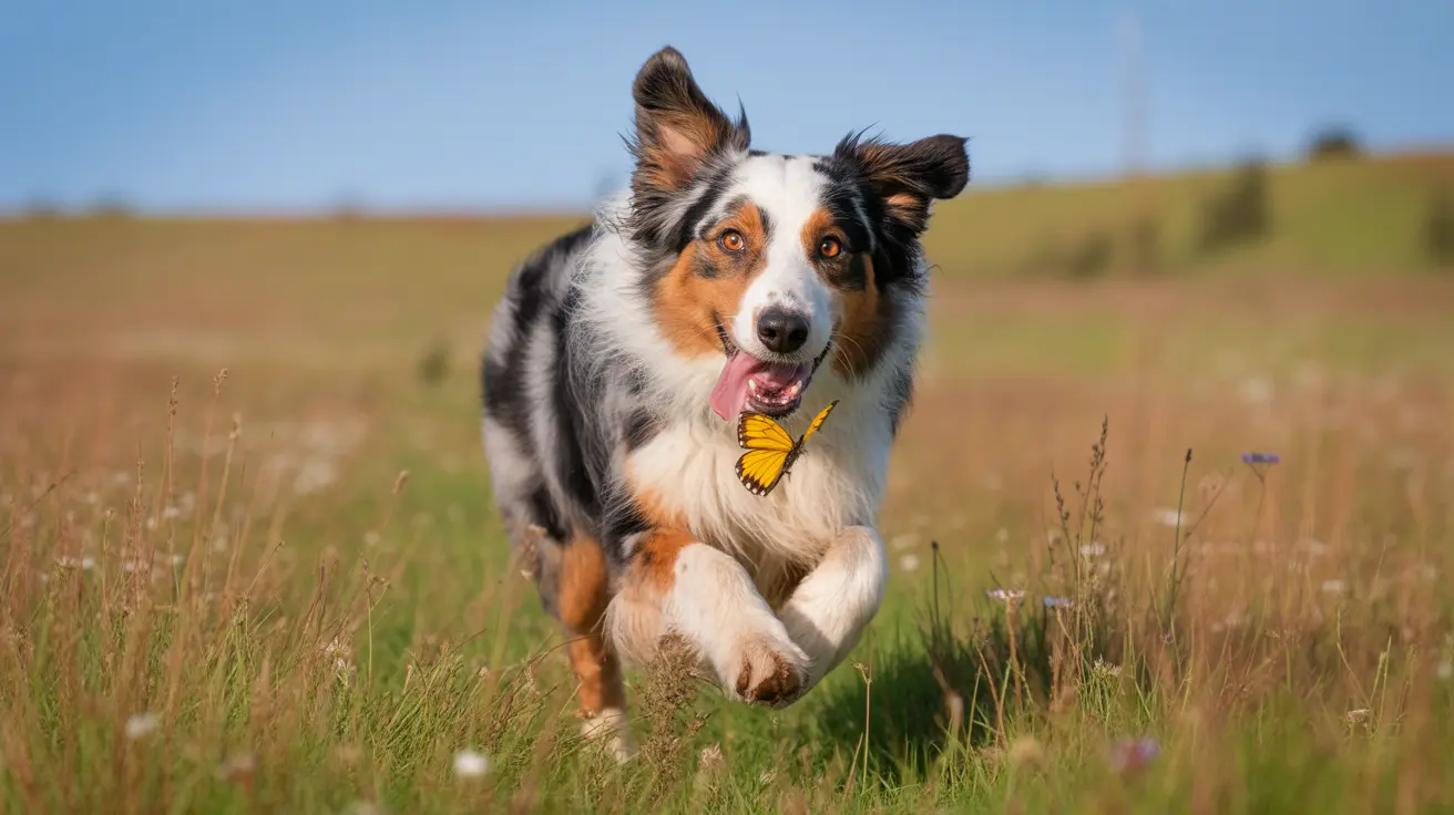Australian Shepherd running through a meadow with a yellow butterfly on its chest