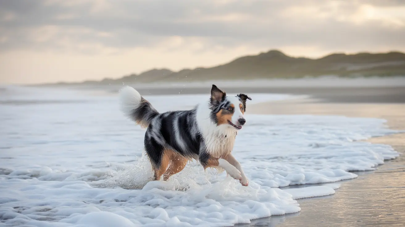 Australian Shepherd playing in ocean waves at shoreline during misty morning