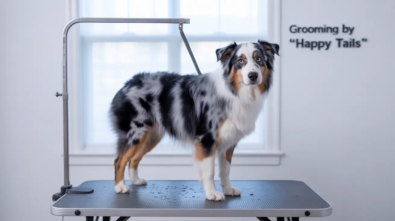 An Australian Shepherd standing on a grooming table with a grooming arm in a bright, clean interior setting