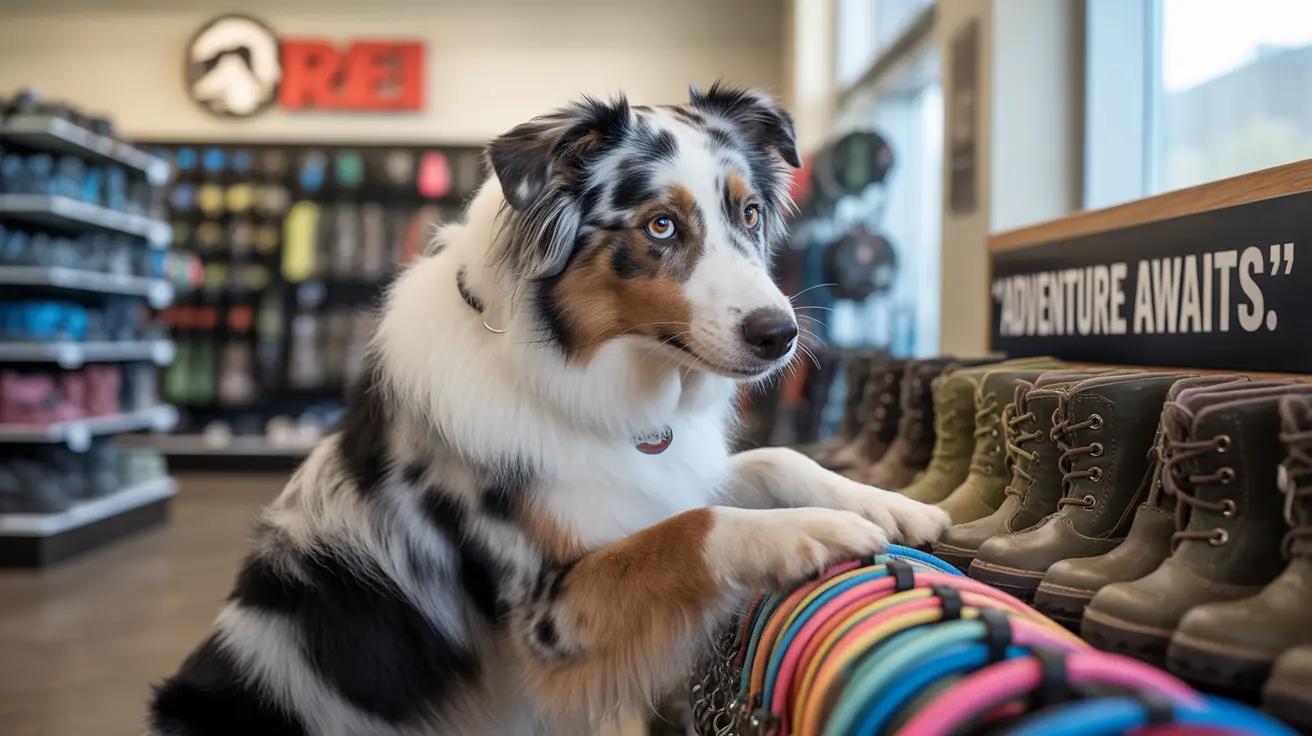 An Australian Shepherd sitting attentively in an outdoor gear store next to hiking boots and colorful accessories