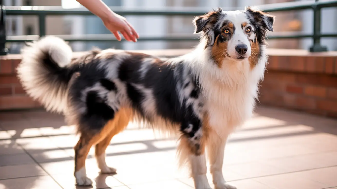 Australian Shepherd standing on a sunny patio with a person's hand reaching toward it