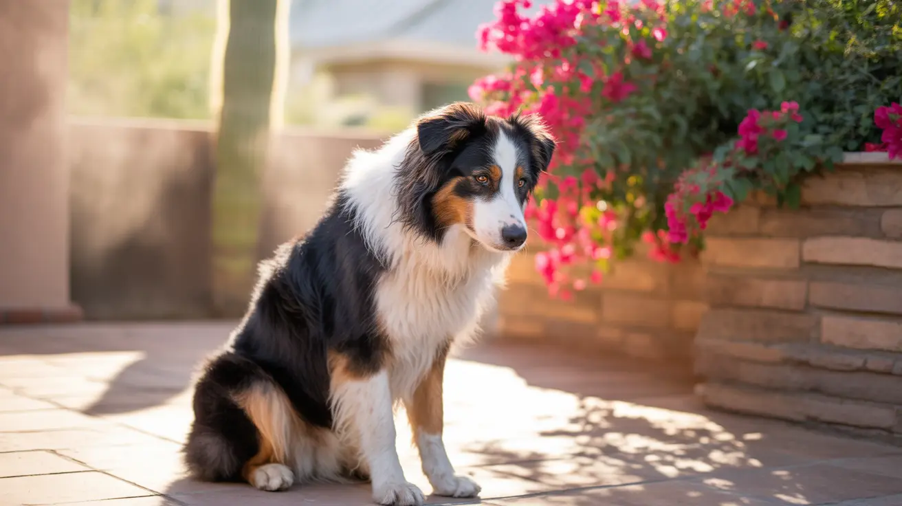Australian Shepherd sitting attentively on a patio with bright pink flowers in the background