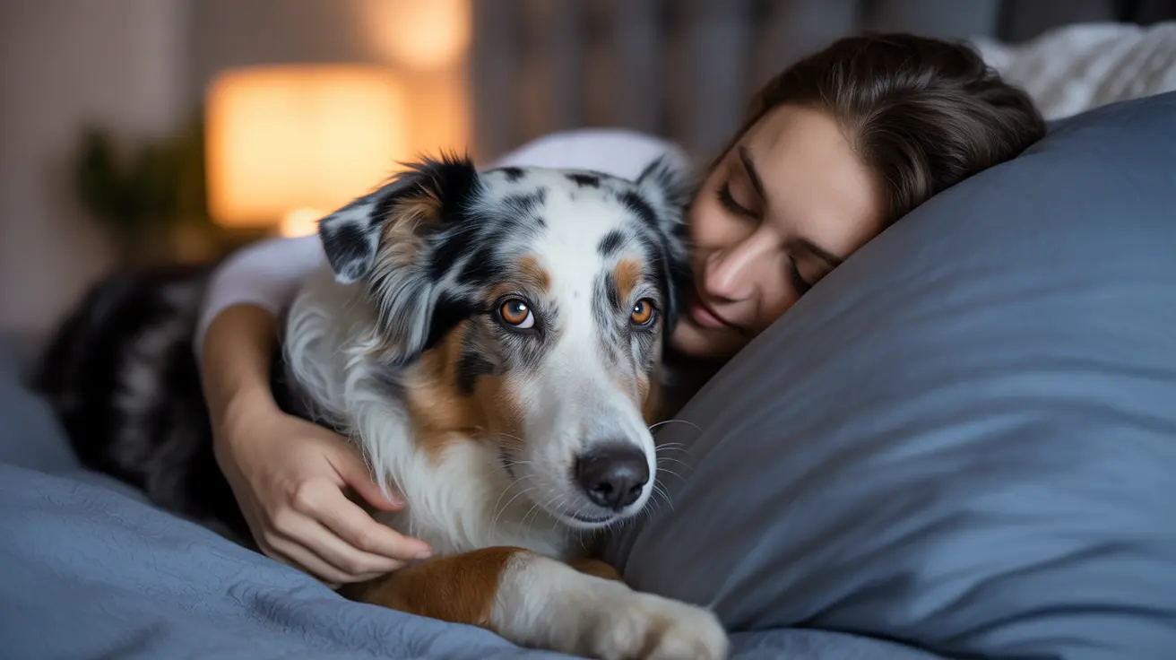 An Australian Shepherd sleeping peacefully with a person on a bed under soft, warm lighting
