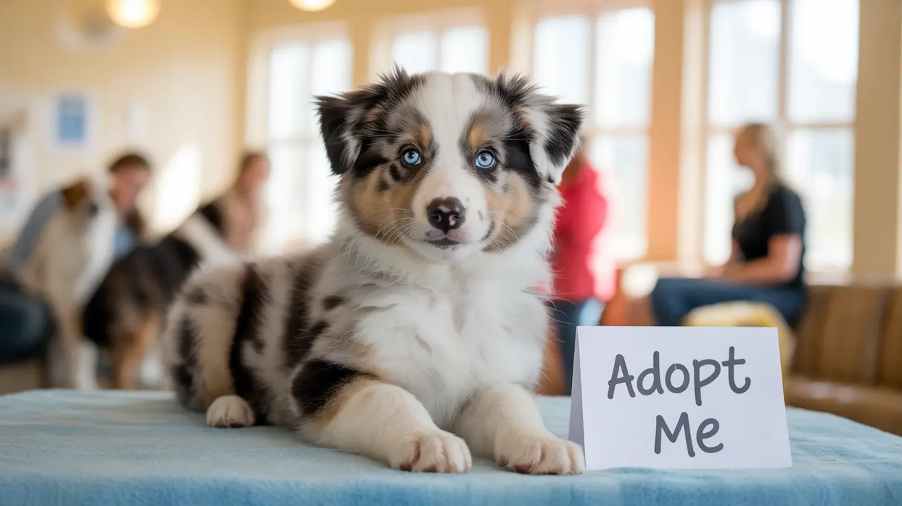 An adorable Australian Shepherd puppy with blue eyes next to an 'Adopt Me' sign in an adoption center.