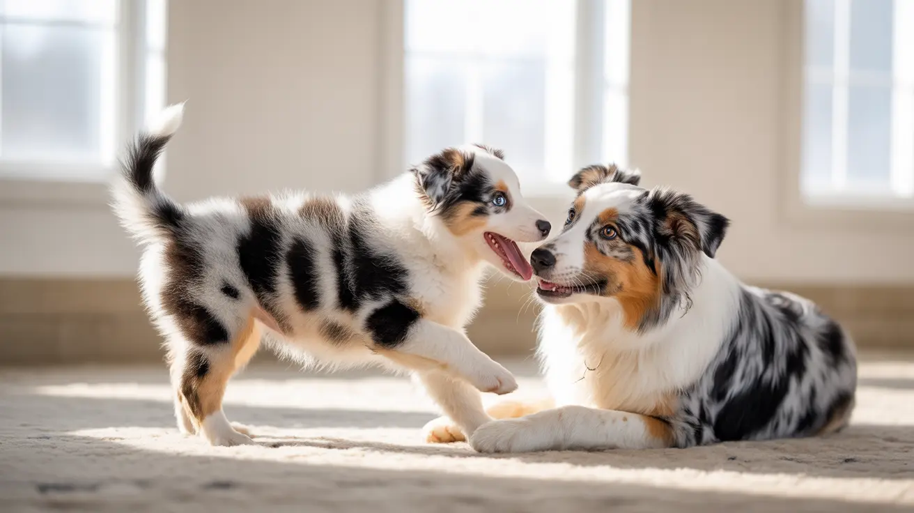 Australian Shepherd puppy playing with adult Australian Shepherd on wooden floor in sunlit room
