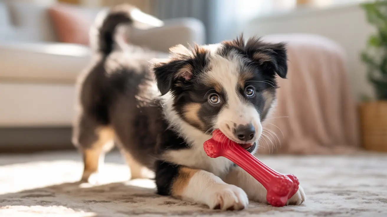 A young Australian Shepherd puppy playing with a red chew toy in a cozy living room