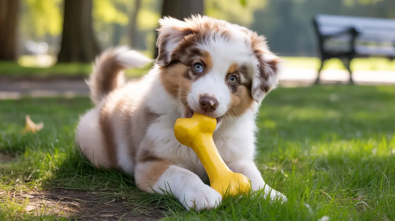 A young Australian Shepherd puppy with blue eyes sitting on grass and chewing a yellow bone-shaped toy