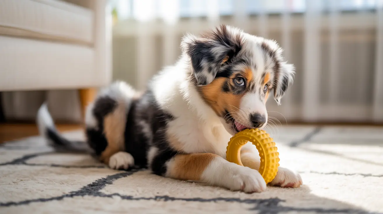Australian Shepherd puppy lying on a patterned rug chewing a yellow textured toy ring
