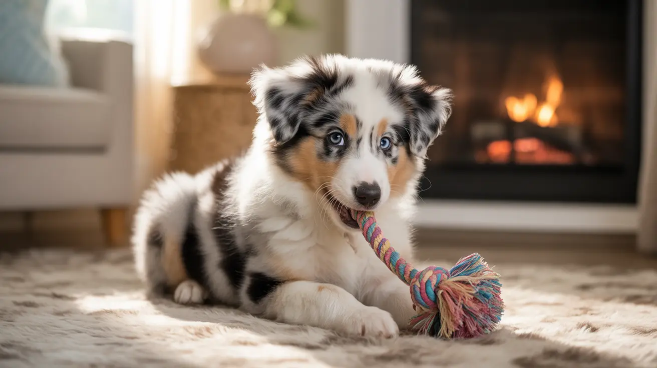A young Australian Shepherd puppy sitting on a soft rug chewing a colorful rope toy near a warm fireplace