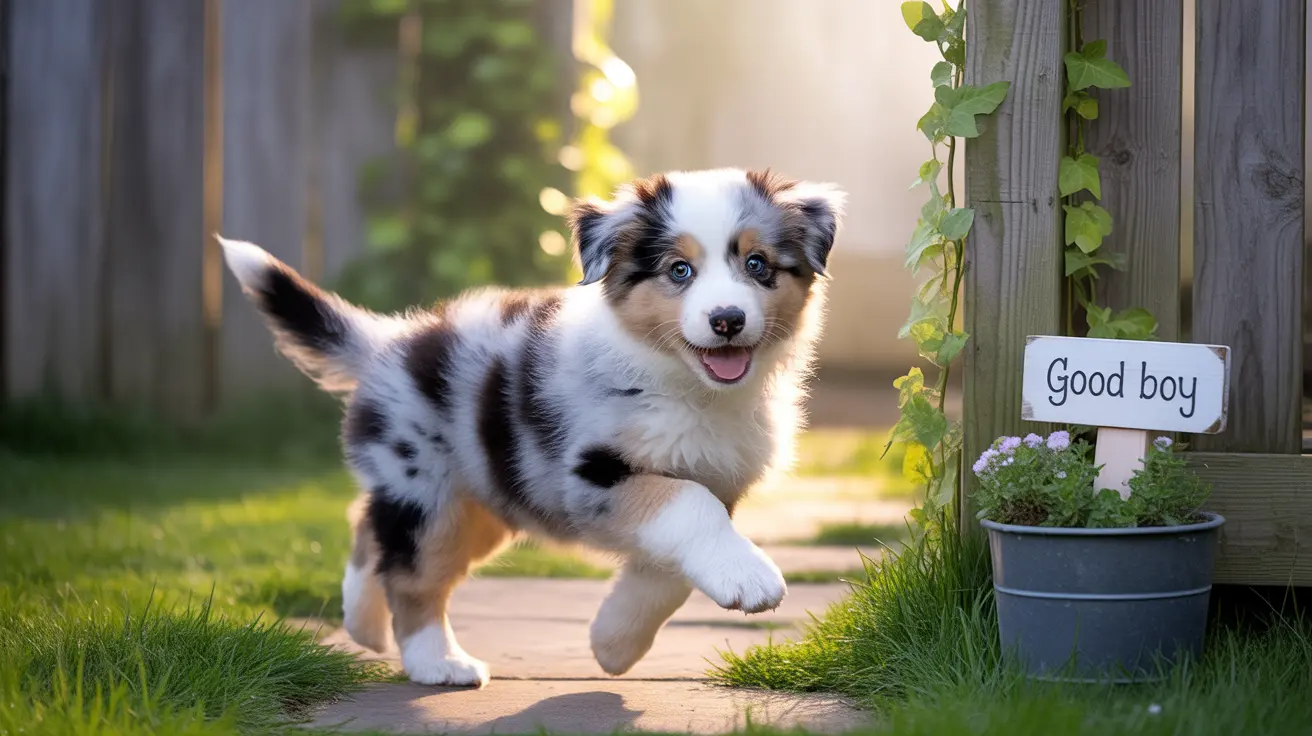 幸せそうな表情で裏庭の庭園を元気に駆け回る遊び好きなオーストラリアン・シェパードの子犬