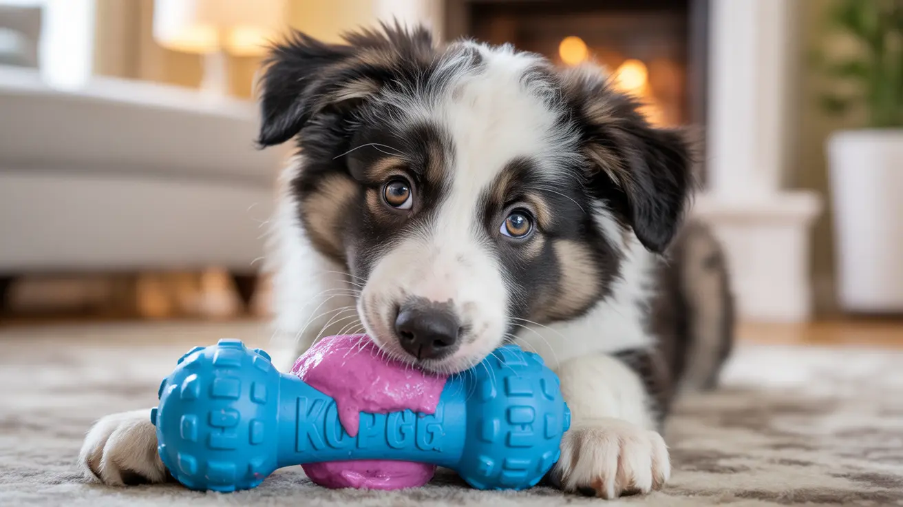 A young Australian Shepherd puppy playing with a blue and pink KONG toy in front of a warm fireplace.