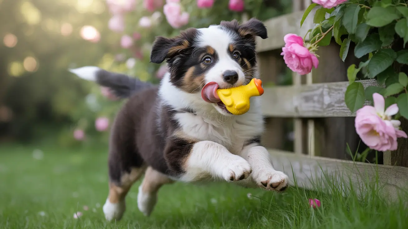 Playful Australian Shepherd puppy leaping over wooden fence with yellow toy surrounded by pink roses