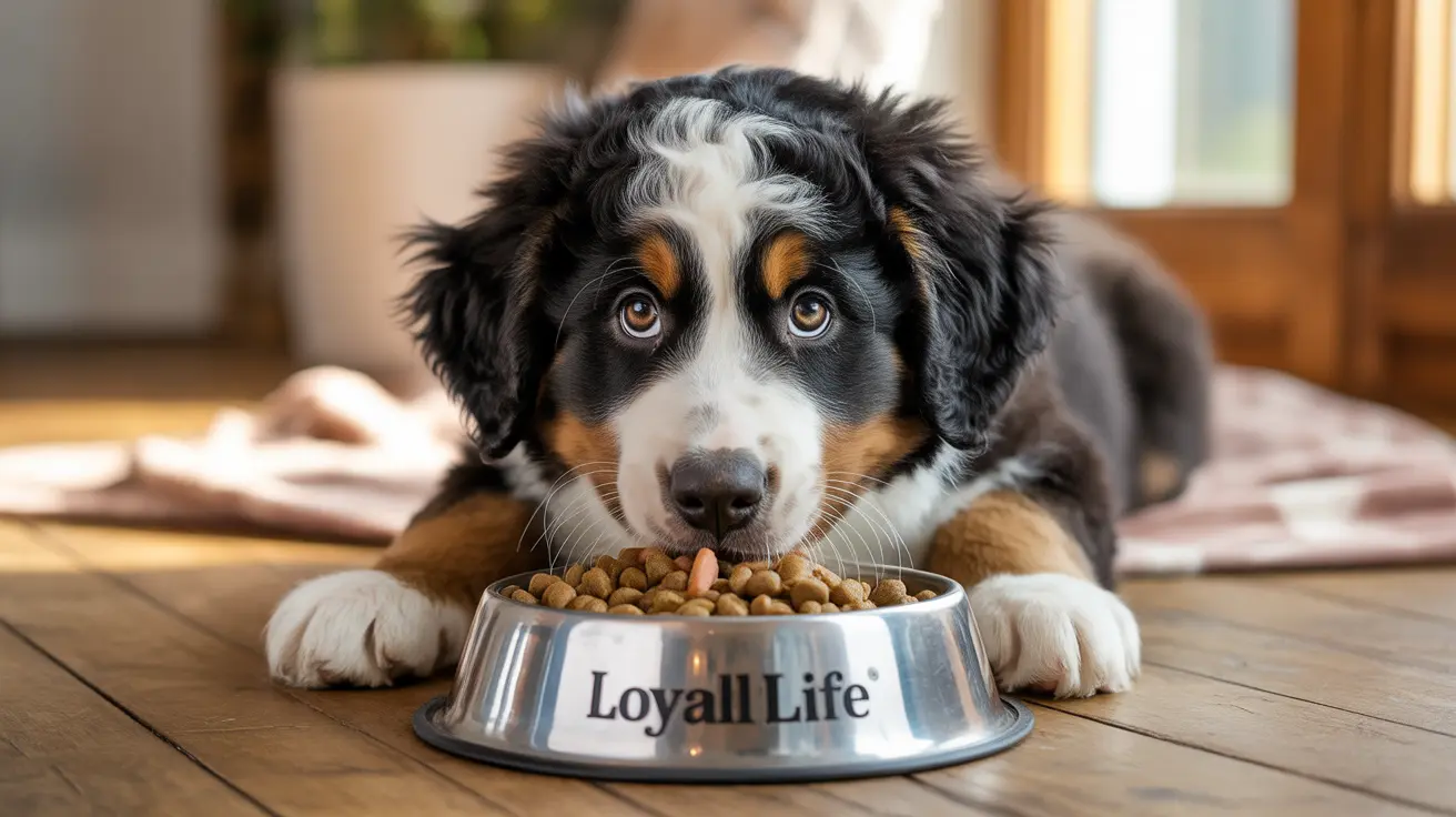 An Australian Shepherd puppy lying next to a bowl of dog food with an attentive expression