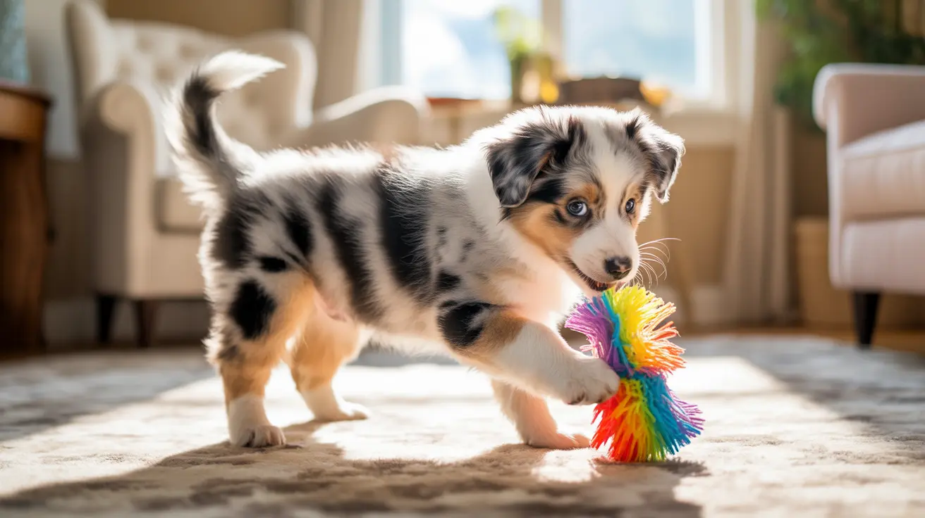 Australian Shepherd puppy playing with a colorful rainbow toy in a bright living room
