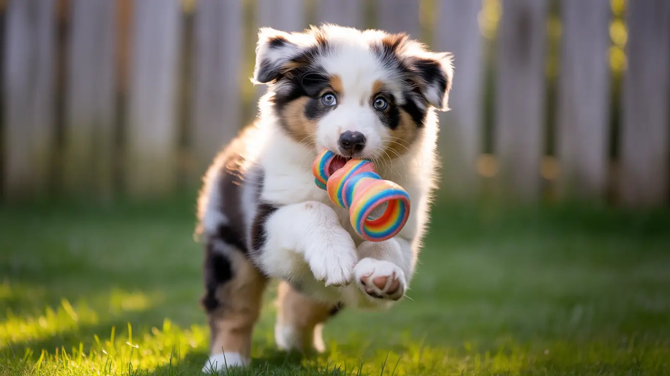 Playful Australian Shepherd puppy running with a colorful rainbow-striped toy in its mouth