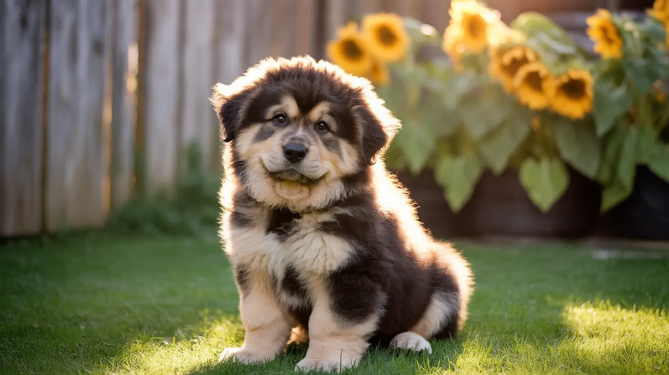 A fluffy Australian Shepherd puppy sitting on green grass with sunflowers in the background