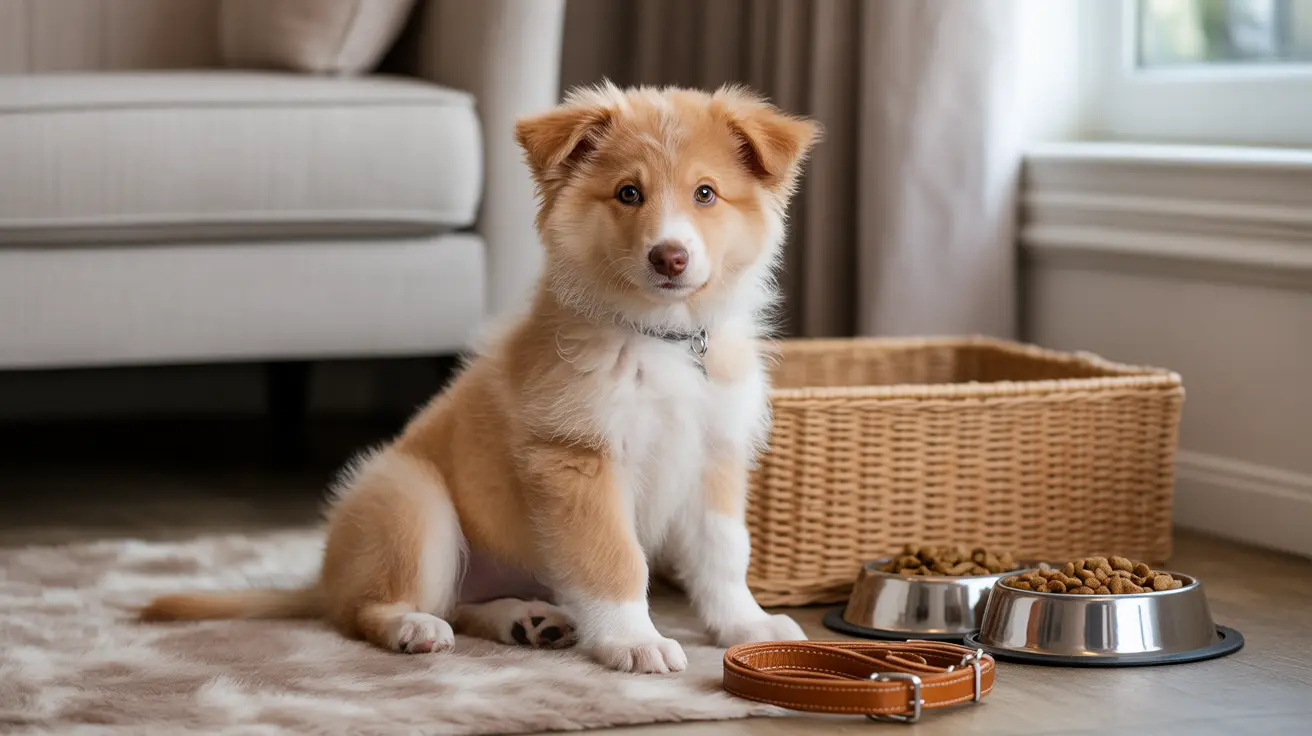 A young Australian Shepherd puppy sitting attentively on a soft rug near food and water bowls