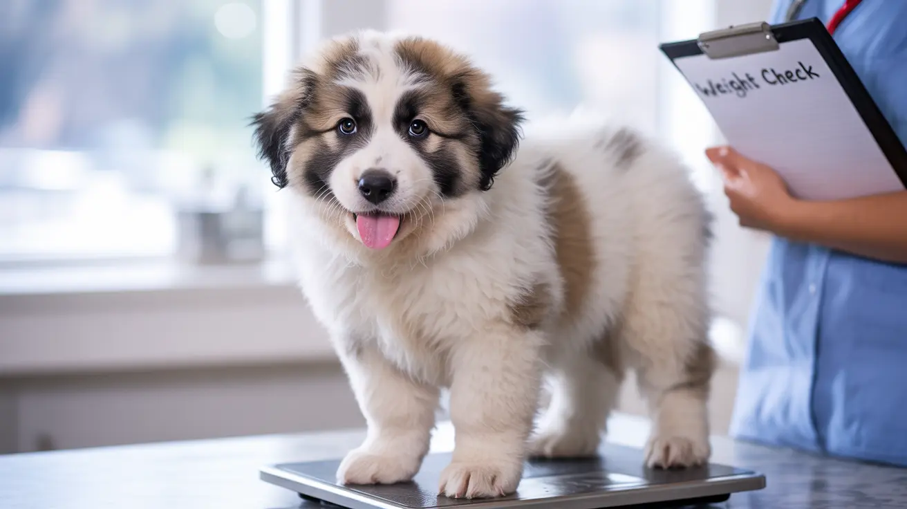 若いオーストラリアン・シェパードの子犬が獣医の体重計の上で体重を測定している様子