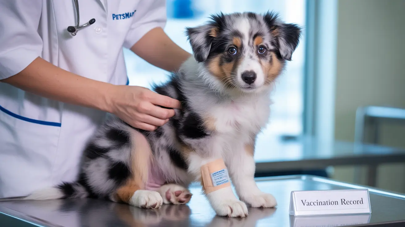 Young Australian Shepherd puppy sitting on an exam table receiving veterinary care with a bandage on its leg
