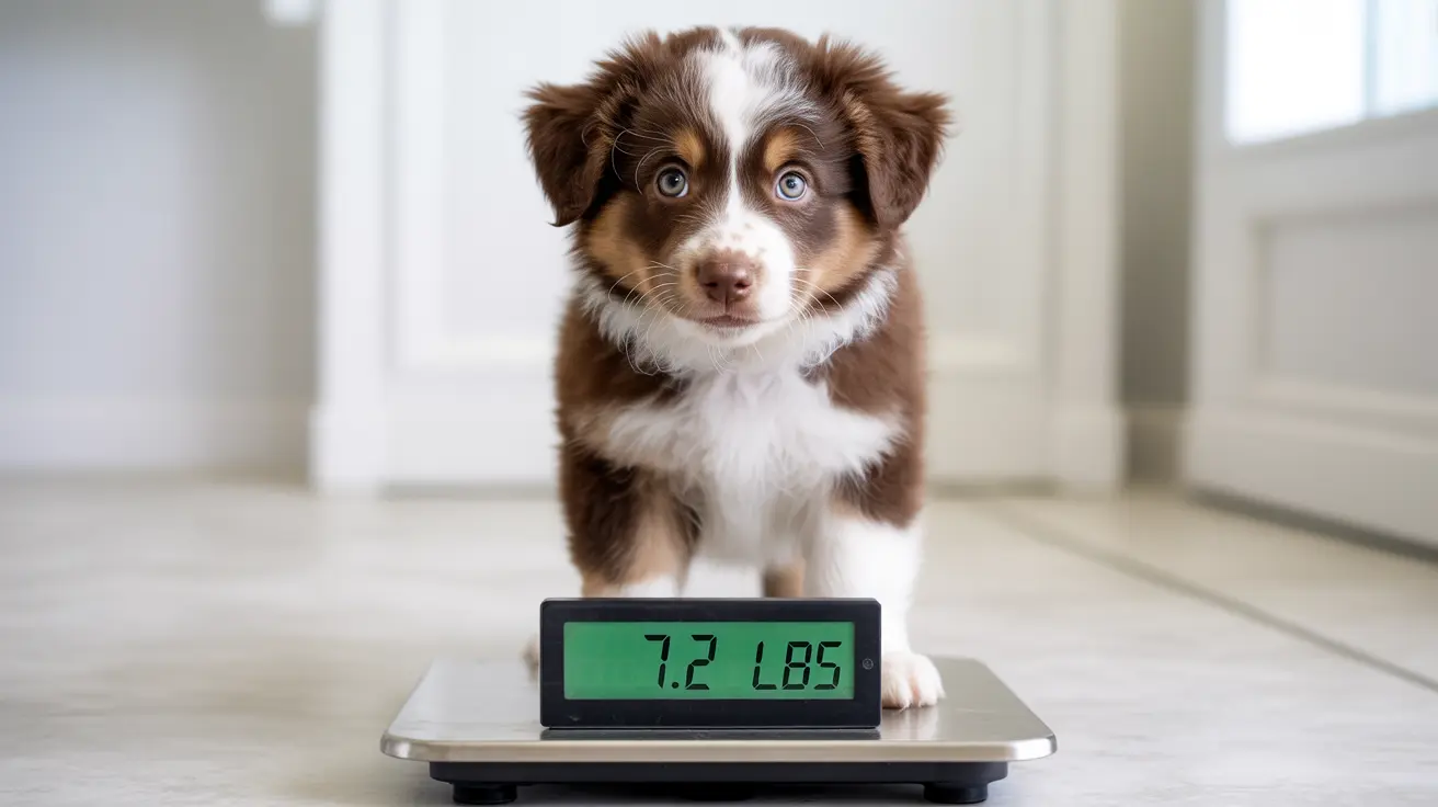 An adorable Australian Shepherd puppy standing on a digital scale displaying its weight