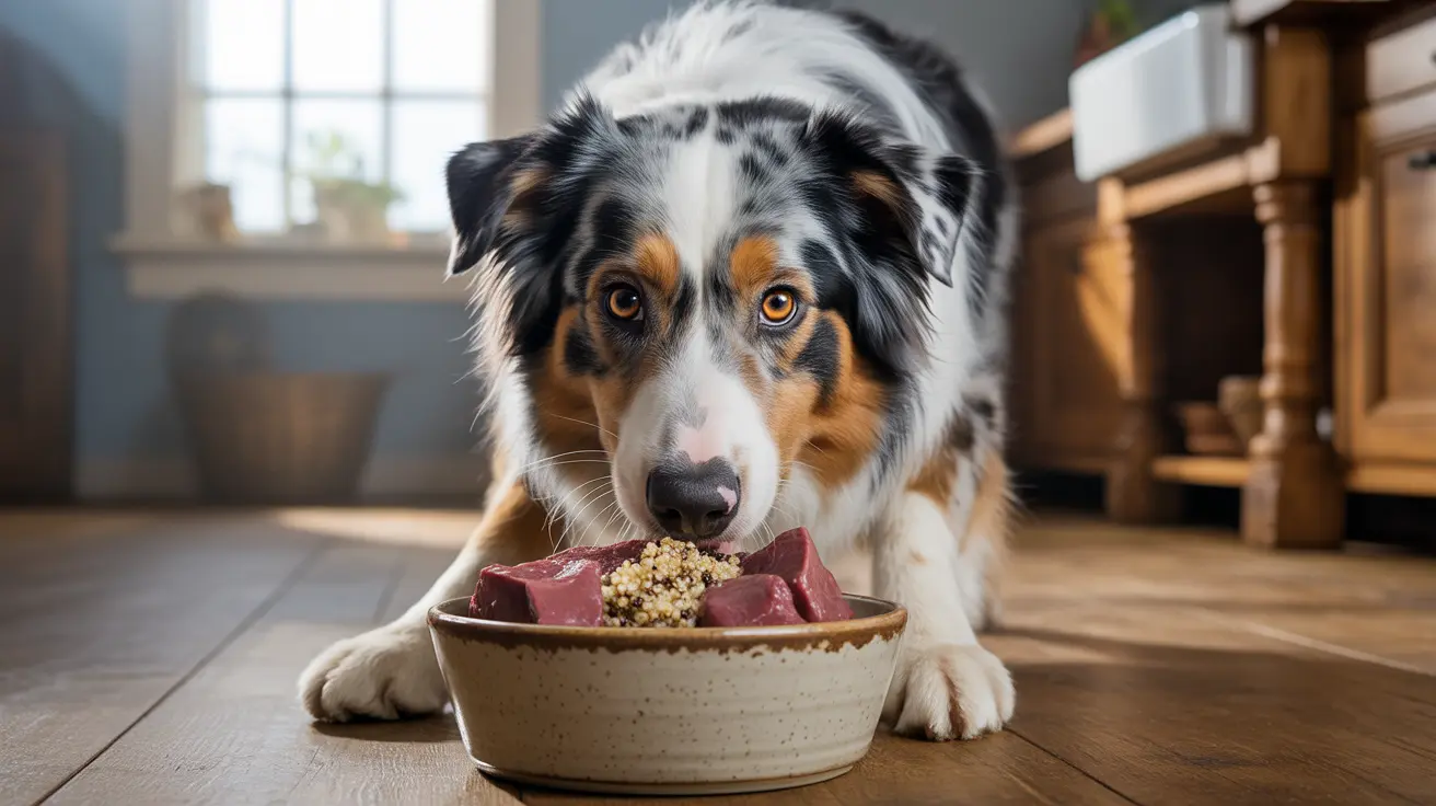 Australian Shepherd lying by a bowl of raw meat and grains on wooden floor
