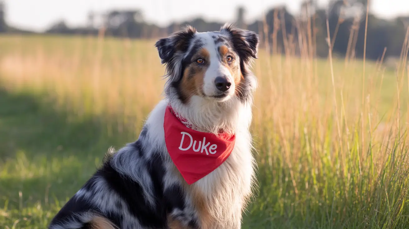 An Australian Shepherd with a tri-color coat sitting attentively in a grassy field, wearing a red bandana with the name 'Duke'.