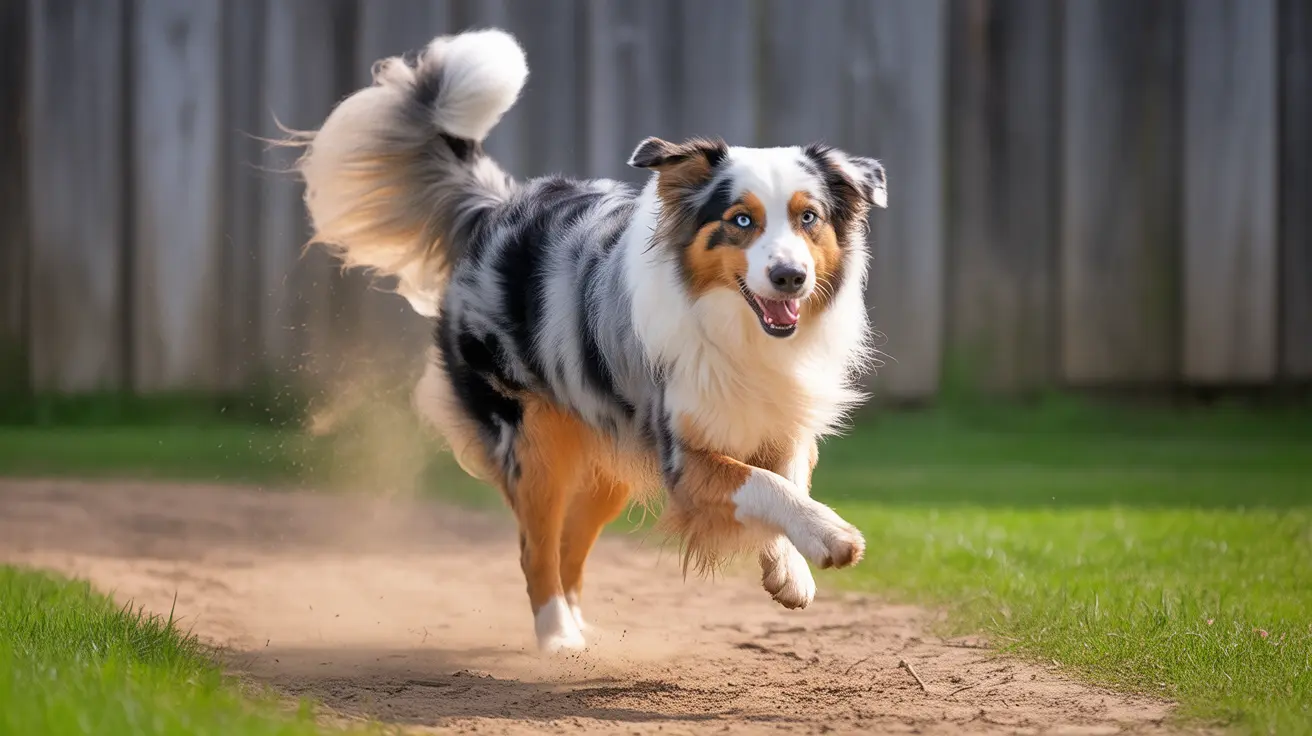 Australian Shepherd running energetically on a dirt path kicking up dust with grass on the sides